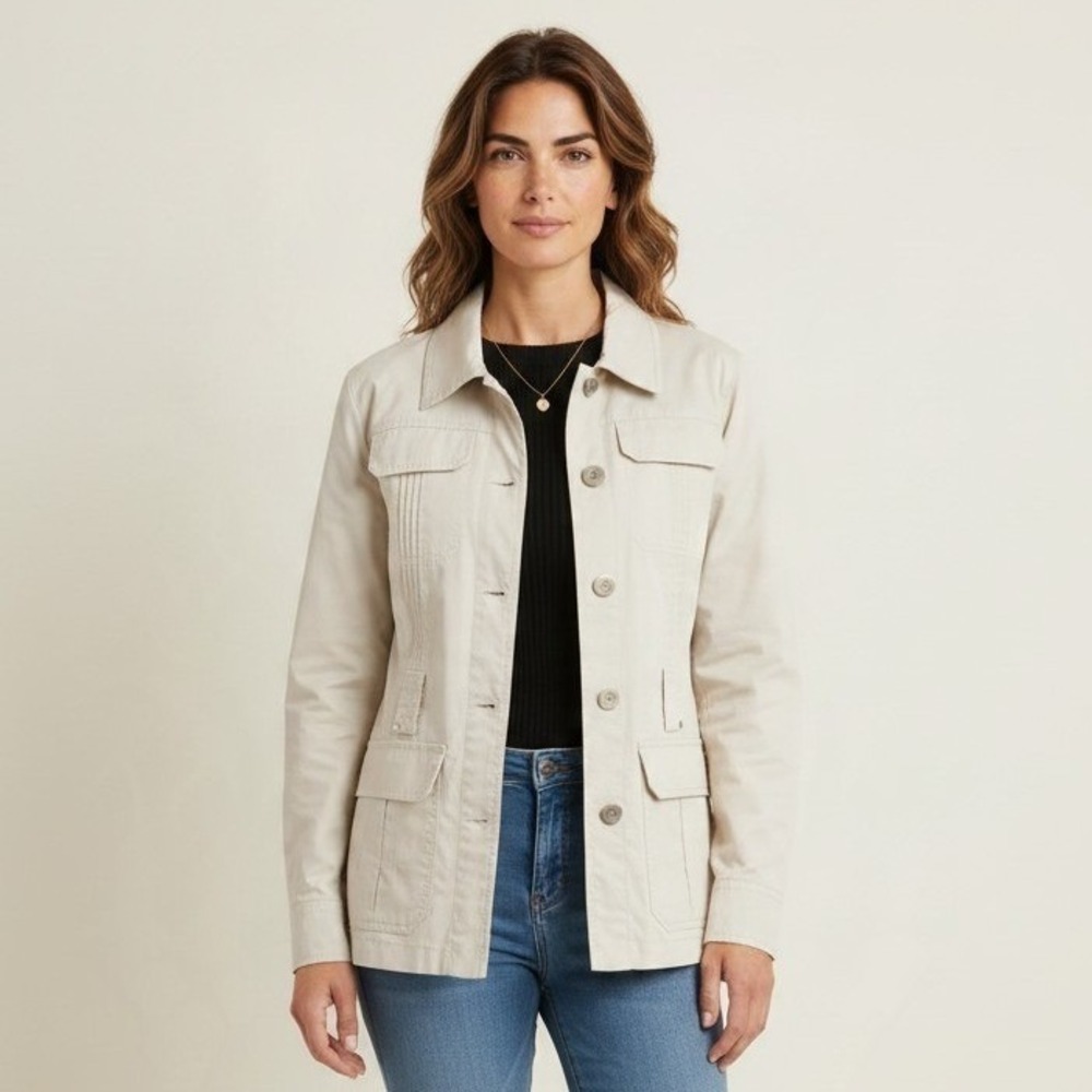 Weather Tamer Womens Beige Utility Jacket Pintuck Button Front Size M